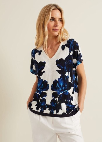 Phase Eight Mia Floral Print Linen Knitwear Navy/White Canada | PCHUXT-945